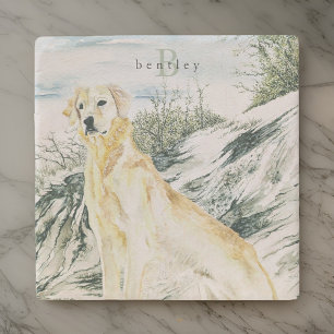 Watercolor Proud Golden Retriever Dog Monogram Stone Coaster