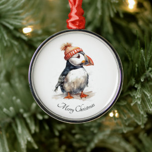 Watercolor Puffin Christmas Keepsake Metal Tree Decoration