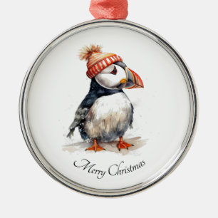 Watercolor Puffin Christmas Keepsake Metal Tree Decoration