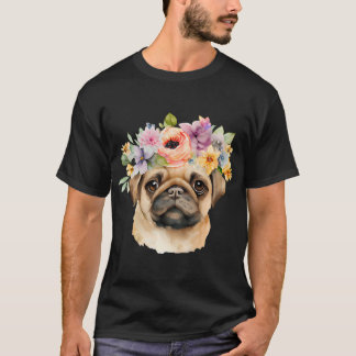 Watercolor Pug Dog with Flower Wreath T-Shirt
