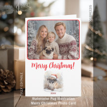 Watercolor Pug Illustration Merry Christmas Photo