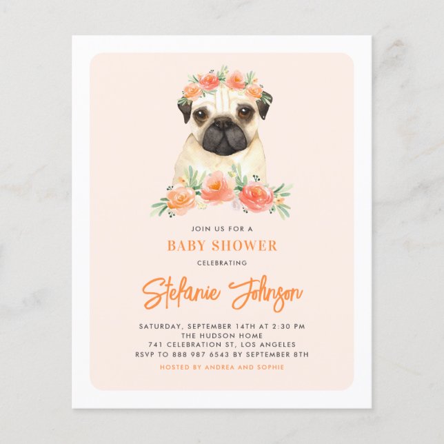 Watercolor Pug Peach Floral Baby Shower Invitation (Front)