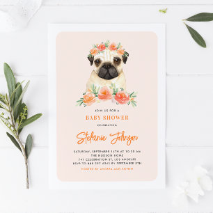 Watercolor Pug Peach Floral Baby Shower Invitation