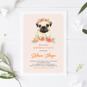 Watercolor Pug Peach Floral Birthday Invitation