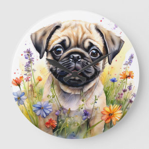Watercolor Pug Puppy in Wildflowers Delight Large Clock