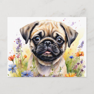Watercolor Pug Puppy in Wildflowers Delight Postcard