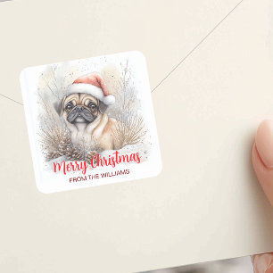 Watercolor Pug Santa Hat Merry Christmas Holiday Square Sticker