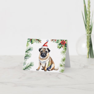 Watercolor Pug with Santa Hat Holiday Card
