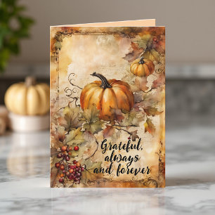 Watercolor Pumpkin and Autumn Leaves Thanksgiving Card