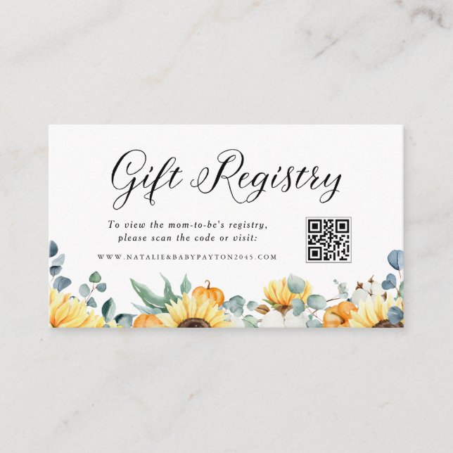 Watercolor Pumpkin and Sunflower QR Code Registry Enclosure Card (Front)