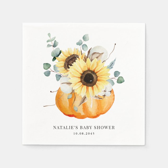 Watercolor Pumpkin and Sunflowers Fall Baby Shower Napkin (Front)