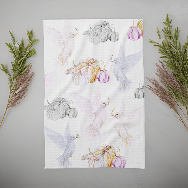 Watercolor Pumpkin and White Dove Thanksgiving Tea Towel (Creator Uploaded)