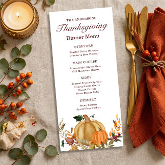 Watercolor Pumpkin Autumn Leaves Thanksgiving Menu