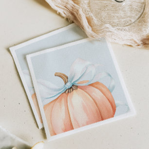 Watercolor Pumpkin Blue Bow Baby Shower Napkin