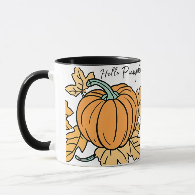 Watercolor Pumpkin Coffee and Fall Leaves Mug (Left)