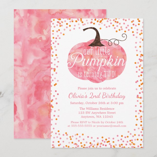 Watercolor Pumpkin Confetti Girl 2nd Birthday Invitation (Front/Back)