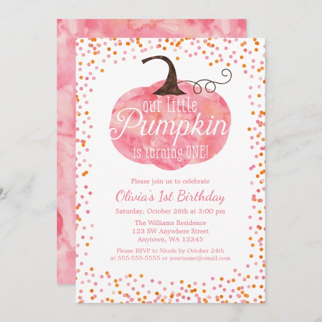 Watercolor Pumpkin Confetti Girl First Birthday Invitation (Front/Back)