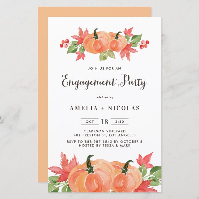 Watercolor Pumpkin Engagement Party Invitatation (Front/Back)