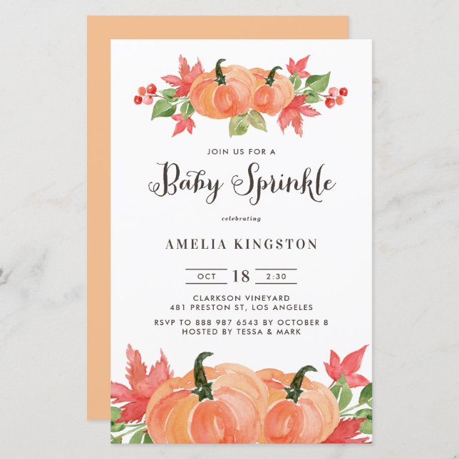 Watercolor Pumpkin Fall Baby Sprinkle Invitatation (Front/Back)