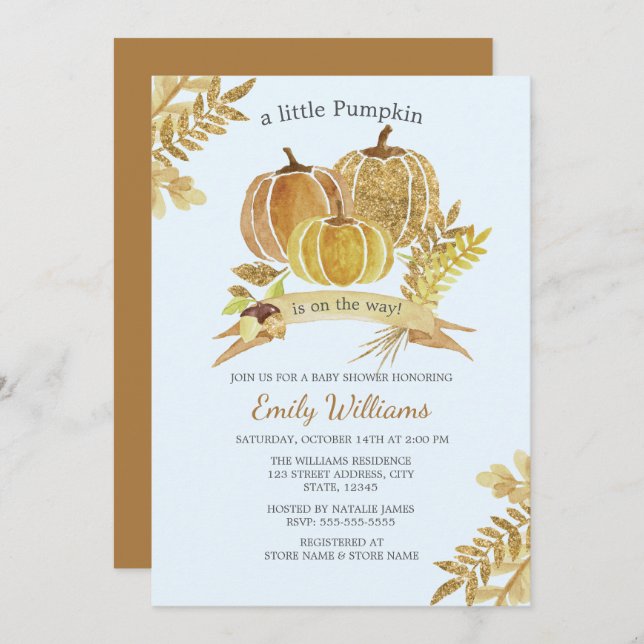 Watercolor Pumpkin Fall Blue Baby Shower Card (Front/Back)