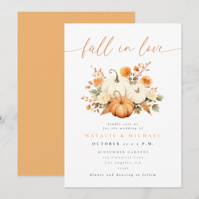 Watercolor Pumpkin Fall in Love Wedding Invitation (Front/Back)