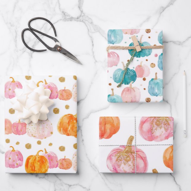 Watercolor Pumpkin Fall Pattern Wrapping Paper Sheet (Front)