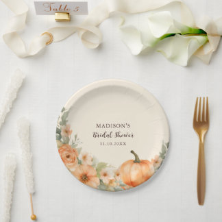 Watercolor Pumpkin Floral Bridal Shower Paper Plate