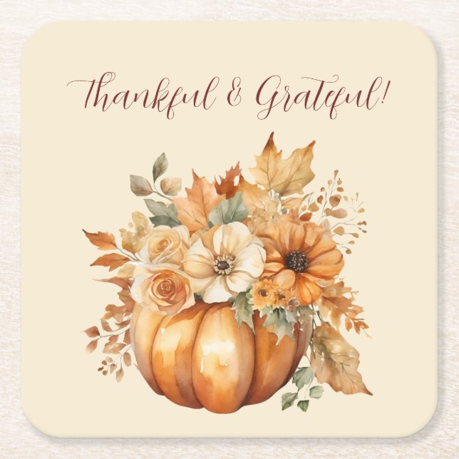 Watercolor Pumpkin Floral Design- Square Paper Coaster (Front)