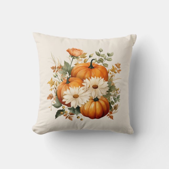 Watercolor Pumpkin Floral Fall Autumn  Cushion (Front)