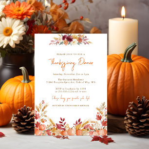 Watercolor Pumpkin Floral Thanksgiving Dinner Invitation