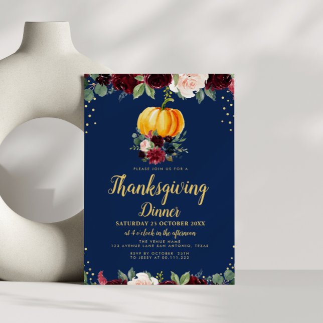 Watercolor pumpkin floral thanksgiving dinner invitation (Creator Uploaded)