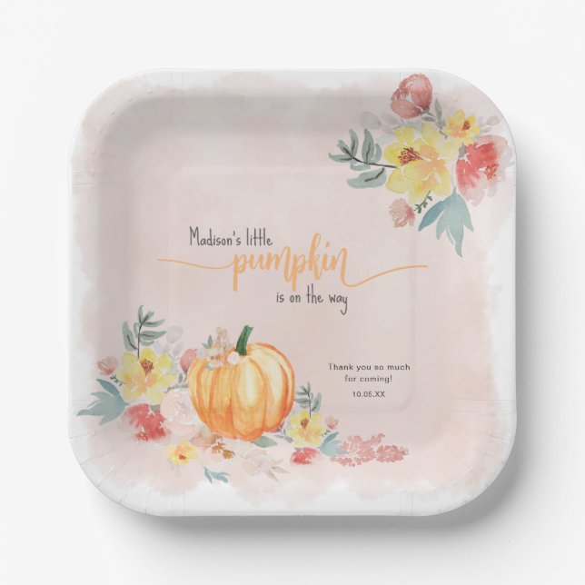 Watercolor Pumpkin girl baby shower Paper Plate (Front)