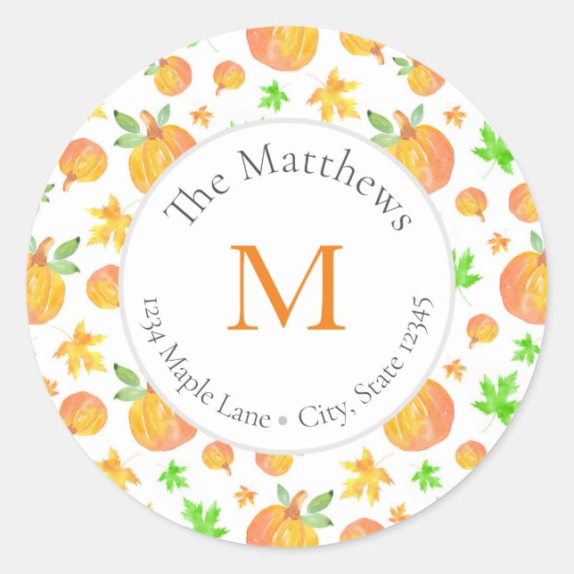 Watercolor Pumpkin & Maple Leaf Pattern labels (Front)