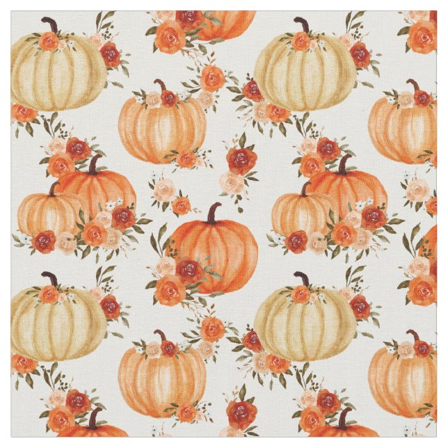 Watercolor Pumpkin Orange Floral Pattern Fabric (Close Up)