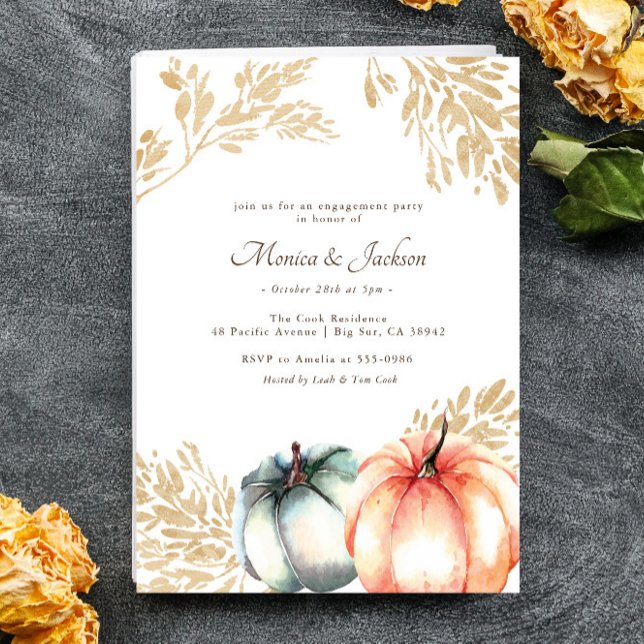 Watercolor Pumpkin Orange Gold Fall Engagement Invitation (Creator Uploaded)