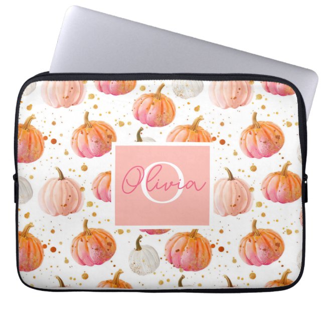 Watercolor Pumpkin pattern with name Laptop Sleeve (Front)