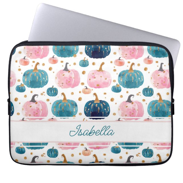 Watercolor Pumpkin pattern with name Laptop Sleeve (Front)