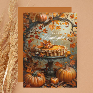 Watercolor Pumpkin Pie Autumn Leaves Thanksgiving Holiday Card