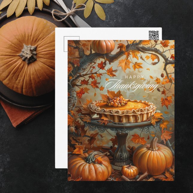 Watercolor Pumpkin Pie Autumn Leaves Thanksgiving Holiday Postcard (Creator Uploaded)