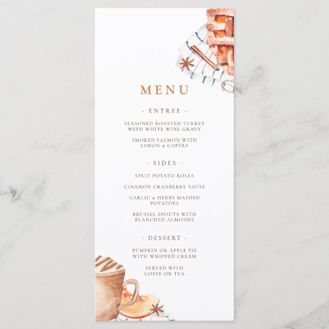 Watercolor Pumpkin Pie Thanksgiving Dinner  Menu (Front)