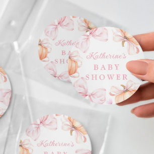 Watercolor Pumpkin Pink Bow Baby Shower Classic Round Sticker