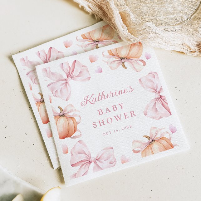 Watercolor Pumpkin Pink Bow Baby Shower Napkin (Creator Uploaded)