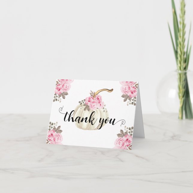 Watercolor Pumpkin Pink Floral Thank You Card (Front)