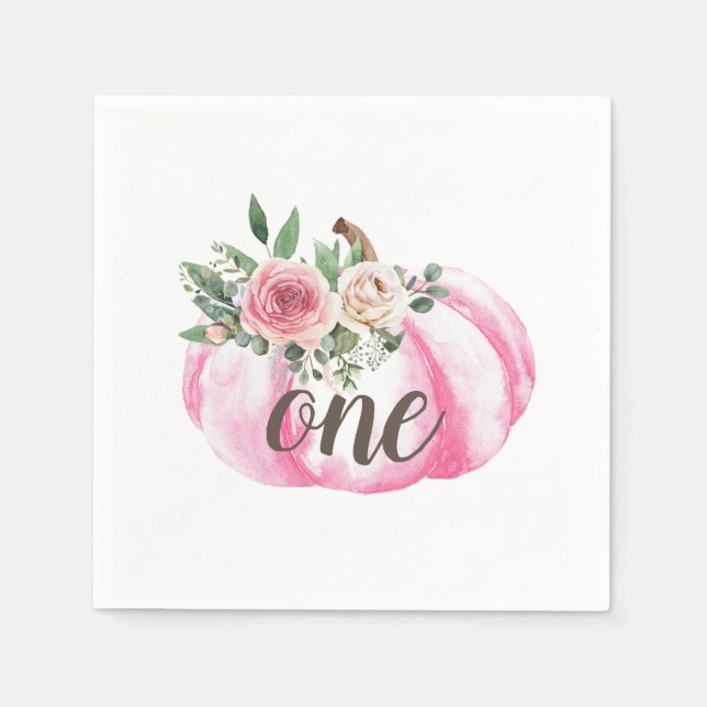 Watercolor Pumpkin Pink Gold Floral 1st Birthday   Napkin (Front)