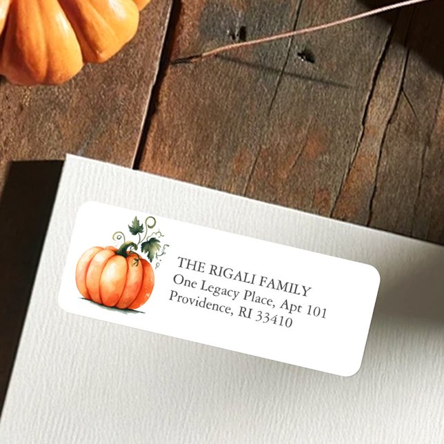 Watercolor Pumpkin Return Address (Pumpkin return address labels in watercolor shades or orange and green for fall and rustic events)