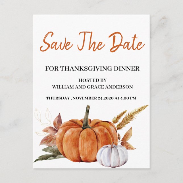Watercolor Pumpkin Save the Date Thanksgiving  Postcard (Front)