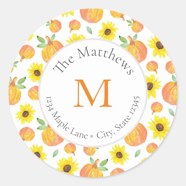 Watercolor Pumpkin & Sunflower Pattern labels (Front)