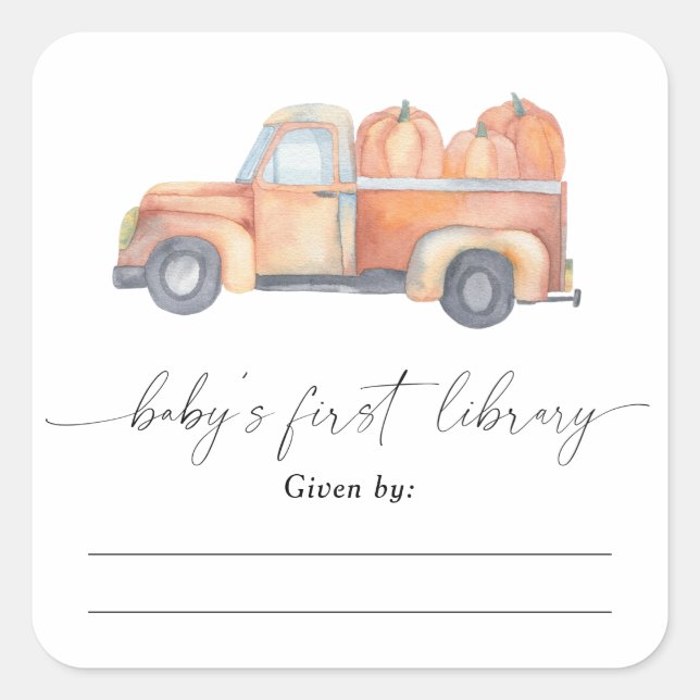 Watercolor pumpkin truck - Baby Shower bookplate Square Sticker (Front)