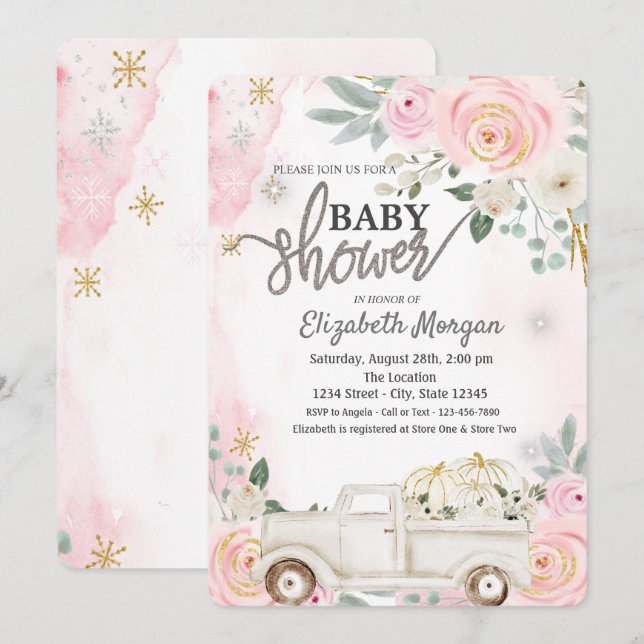 Watercolor Pumpkin Truck,Flowers Baby Showe Invitation (Front/Back)