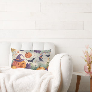 watercolor pumpkin wearing witch's hat lumbar cushion